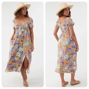 O'Neill Multicolor Floral Smocked Short Sleeve Midi Dress With Slit Small